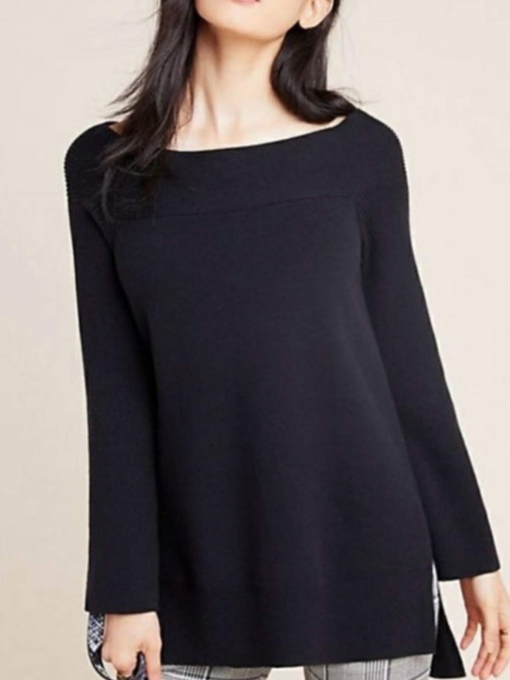 Anthropologie Elise Ribber Off-the-Shoulder Tunic Sweater in Solid Black